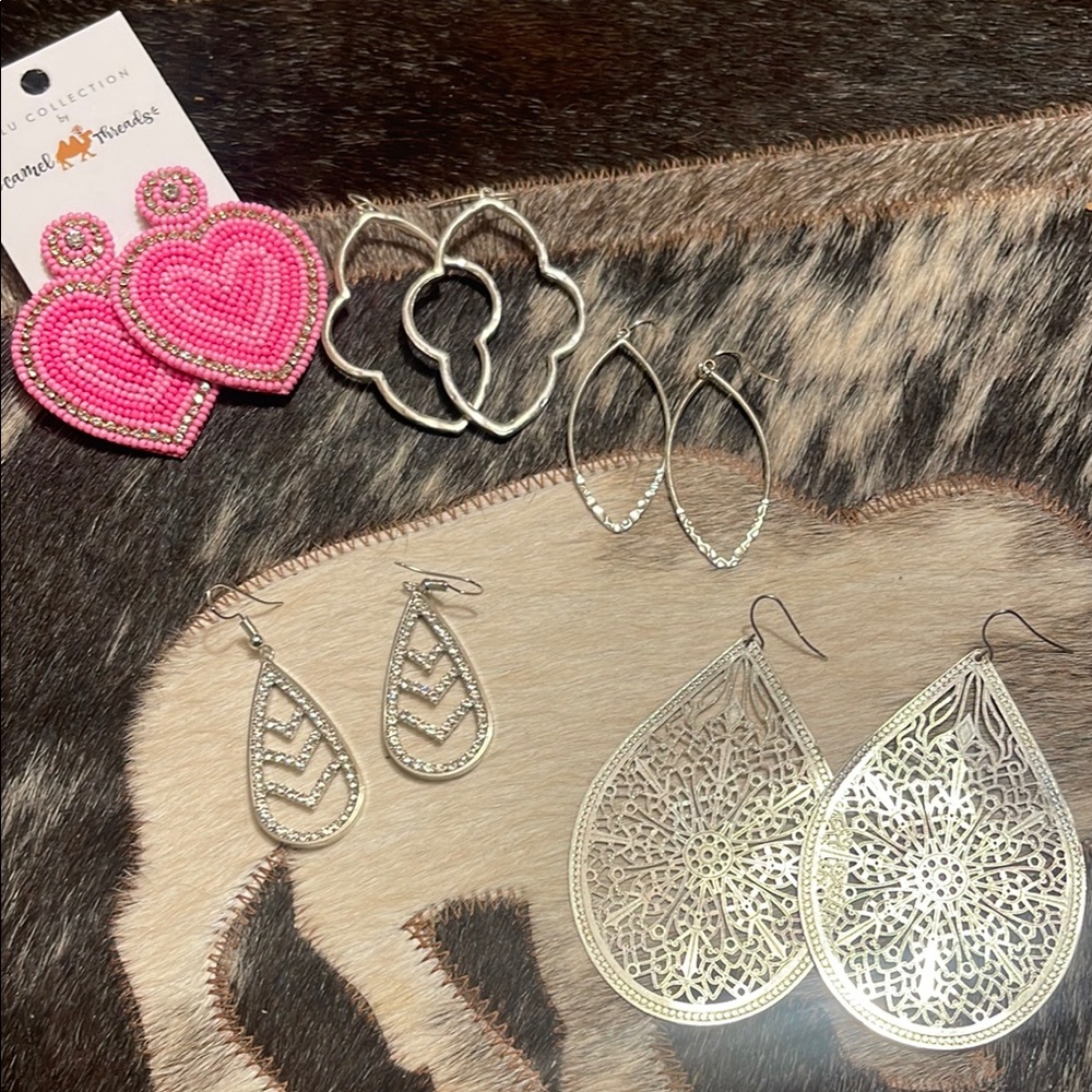 Pink Beaded Heart Earrings and Silver Tone Earring Set